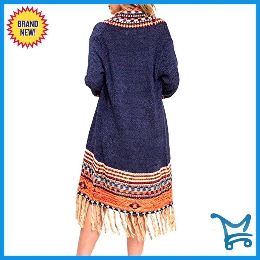 Oversized Boho Cardigan Sweater Long Open Front Tassel Fringe Knit Aztec Tribal - Picture 3 of 6